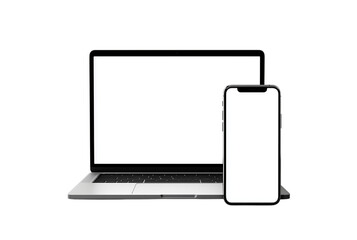 Modern laptop and smartphone with blank screens isolated on transparent background