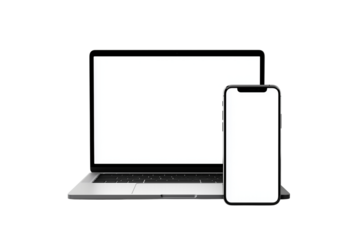 Modern laptop and smartphone with blank screens isolated on transparent background