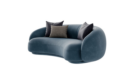 Modern blue leather sofa with pillows on a transparent background.
