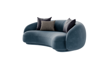 Modern blue leather sofa with pillows on a transparent background.
