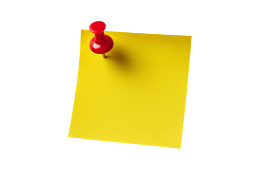Yellow sticky note with red thumbtack isolated on transparent background - Powered by Adobe