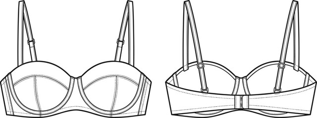 PrintStrapless Balconette Bra Technical Fashion Flat Sketch Outline with Adjustable Straps, Underwire, Hook and Eye Closure, and Seam Details.