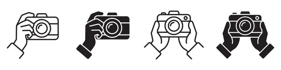 Camera holding gesture icon set with hands and photo camera symbols in solid and linear styles, minimal clean design for photography, snapshots, creative content, devices and modern UI – stock vector © Mr. Stocker