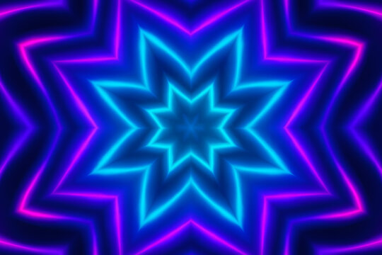 Patr&oacute;n geom&eacute;trico de caleidoscopio con luces ne&oacute;n en azul y magenta