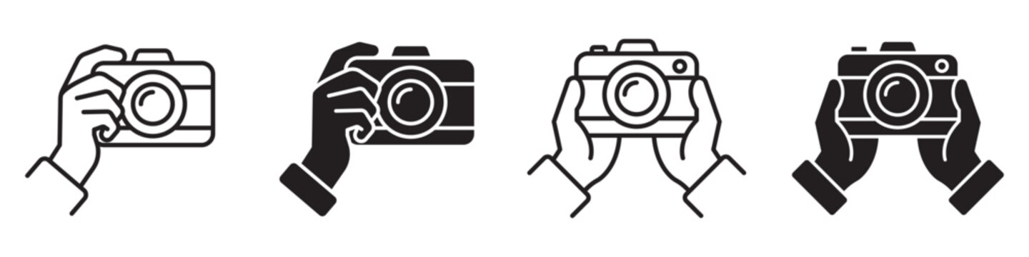 Camera holding gesture icon set with hands and photo camera symbols in solid and linear styles, minimal clean design for photography, snapshots, creative content, devices and modern UI &ndash; stock vector