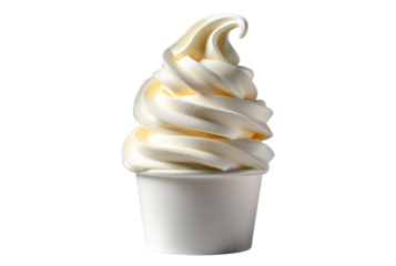 Soft serve vanilla ice cream in a white cup isolated on transparent background