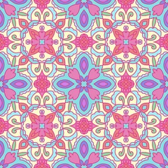 Seamless abstract floral ethnic pattern. Colorful ornamental background with pink and blue shapes. Vector texture for fabric, wallpaper, or tile design.