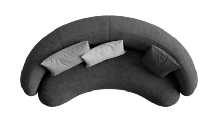 Top view of upholstered curved couch with pillows on a transparent background.
