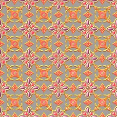 Seamless decorative geometric pattern with pink and gold floral motifs on a soft gray background. Elegant, ornate, repeating design ideal for textiles, wallpapers, and stylish decor.