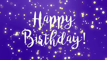 Happy Birthday Animated Text Greeting on Purple Background with Golden Bokeh