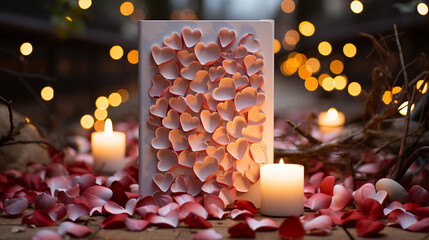 Elegant centerpiece adorned with delicate rose petals and illuminated by soft candlelight, creating a romantic ambiance.