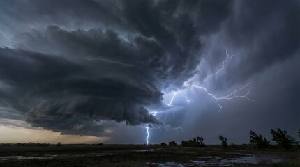 Stunning nighttime lightning strike illuminates massive, churning storm clouds over dark open landscape