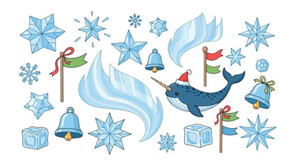 Whimsical Winter Wonderland: An enchanting winter-themed illustration. A delightful array of festive elements, including a playful narwhal adorned in a Santa hat, shimmering snowflakes. © Jannat