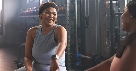 Finishing workout female friends greeting, high fiving on bench, celebrating progress, copy space