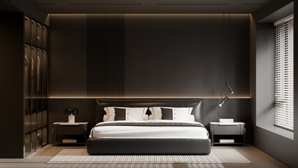 Modern Minimalist Luxury Bedroom Interior with Poster Frame Mockup &ndash; 3D Render
