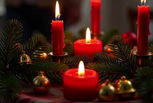 Velas vermelhas quentes e tremeluzentes iluminam galhos de pinheiro festivos e enfeites dourados brilhantes para o Natal