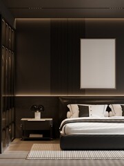 Modern Minimalist Luxury Bedroom Interior with Poster Frame Mockup &ndash; 3D Render
