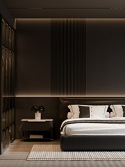 Modern Minimalist Luxury Bedroom Interior with Poster Frame Mockup &ndash; 3D Render
