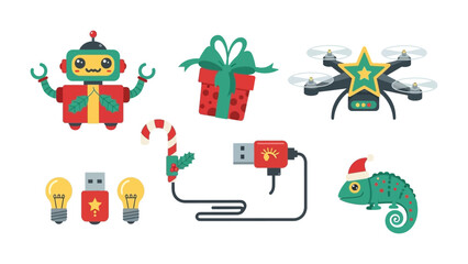 Festive Tech and Playful Friends: A whimsical collection of Christmas-themed icons, featuring a charming robot, wrapped gift, drone, light bulb, USB drive, and a festive chameleon.