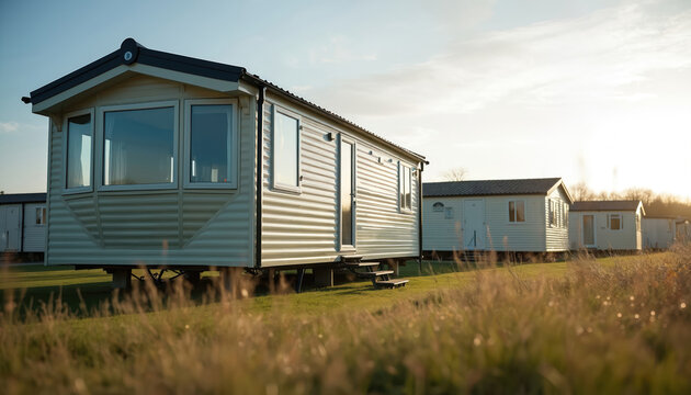 Row of static caravans in holiday park on sunset. Mobile homes are on green grass. Caravans for summer vacation, travel, family weekend. Family campsite in countryside for tourists.