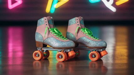 Colorful retro roller skates with glitter and bright laces standing on a wooden floor, with vibrant neon lights from a disco party reflecting on the surface, evoking a fun vintage celebration - Powered by Adobe