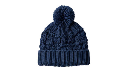 Navy Blue Knitted Winter Hat with Pom Pom on Black Background