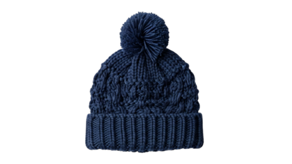 Navy Blue Knitted Winter Hat with Pom Pom on Black Background