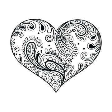 Black and white ornate paisley heart design, coloring page style, 110 chars max