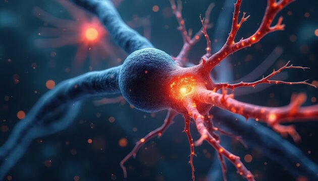 Microscopic view of inflamed nerve cell, dendrites. Glowing red sparks indicate nerve impulses pain signals traveling along neuron pathway. Abstract medical concept of nervous system function, health.