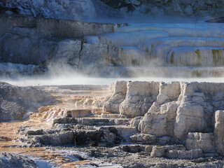 Hot Water Flowing Over Steaming Mineral Terraces