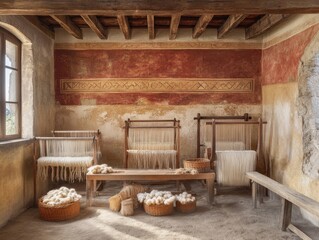 Roman wool preparation room with upright warp loom baskets of fibers and bronze tools