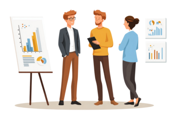 Three people discussing business charts and graphs in a meeting presentation setting indoors scene