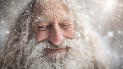 Experience the serene beauty of winter as snowflakes gently fall on a peaceful old man with closed eyes. A heartwarming scene filled with quiet joy and natural wonder.