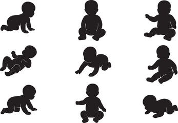 Baby silhouette vector pack, crawling sitting lying poses, infant development illustration, toddler growth clip art, newborn movement outline, child black graphic design