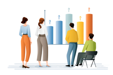 Group of people analyzing a bar graph with blue yellow and orange bars in a business setting illustration