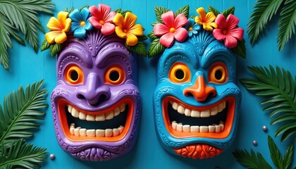 Two vibrant tiki masks with big smiles, open mouths on bright blue wood board. Mask colorful tropical flowers, green palm leaves near. Purple mask, blue mask make fun, exotic decoration. Art piece