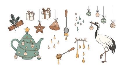 Festive Decorative Elements: A charming composition of holiday ornaments, including gift boxes, Christmas tree, bell, honey dipper, rain drop, a crane with an ornament.