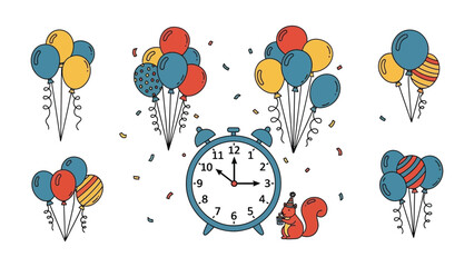 Countdown to Celebration: Festive balloons and an alarm clock form a joyful scene, filled with anticipation for a special occasion. A whimsical touch with playful details.
