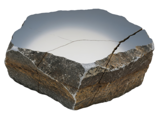 Cracked section of grey concrete pavement with rough rock base on a transparent background
