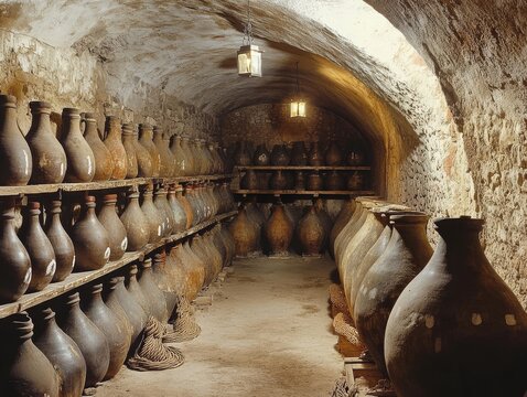 Ancient Roman wine storage cellar with sealed amphorae and buried dolia containers