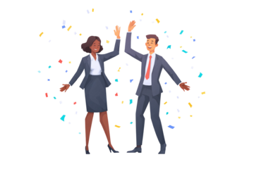 Two business people celebrating success with a high five against a confetti filled background