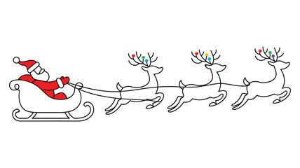 minimalist continuous line art of santa claus riding sleigh with reindeer, festive christmas holiday illustration for cards, posters, prints, and decorations