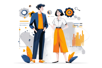 Illustration of a man and woman standing in front of charts and graphs in a business setting