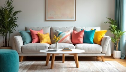 Bright colorful cushions on light modern sofa in cozy living room. Green plants flank couch. White coffee table holds flowers, books. Home interior shows comfort, contemporary style, vibrant designs.