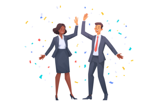 Two business people celebrating success with a high five against a confetti filled background - Powered by Adobe