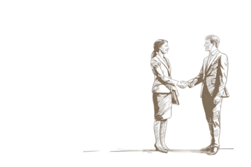 Sketch of business people shaking hands in suits on a black background with white lines below them