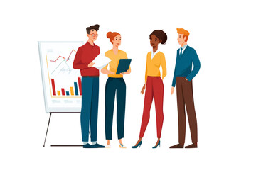 Group of diverse professionals reviewing charts and graphs in a business meeting setting