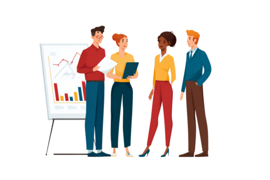 Group of diverse professionals reviewing charts and graphs in a business meeting setting - Powered by Adobe