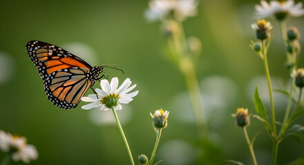 Close-up of a Monarch butterfly perched on a white flower, conveying nature's beauty and the delicate balance of environment, perfect for ecology concepts