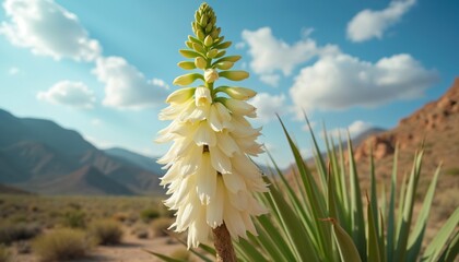 White yucca plant blooms with many flowers in vast desert landscape. Tall stalk with creamy blossoms stands against clear blue sky with white clouds. Mountains in background, showing arid nature